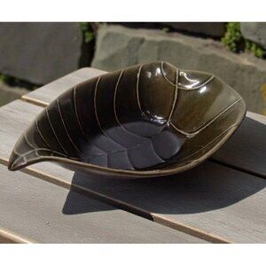 Pier One Stoneware Textured Leaf Bowl Retired Green Earthy Natural Serving Candy